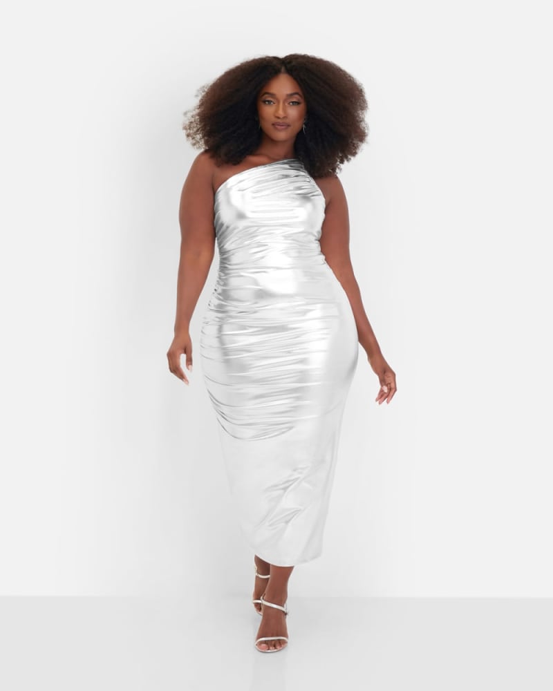 Front of a model wearing a size 1X Vega Metallic Ruched One Shoulder Midi Bodycon Dress in Silver by Rebdolls. | dia_product_style_image_id:328521